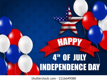 4th of July Happy Independence day USA.  white, blue and red balloons and  american flag star on blue background .Vector illustration .
