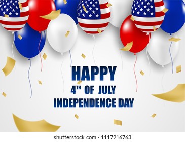 4th of July Happy Independence day USA.  balloons american flag decor and gold foil confetti on  white background .Vector illustration .