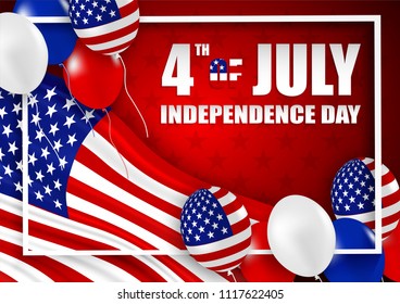 4th of July Happy Independence day USA.  white, blue and red balloons and  american flag star on red background .Vector illustration .