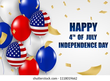 4th of July Happy Independence day USA.  balloons american flag decor and gold foil confetti on  white background .Vector illustration .