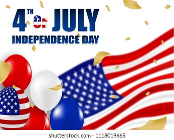 4th of July Happy Independence day USA.   white, blue and red balloons and gold foil confetti on american flag decor white background .Vector illustration .