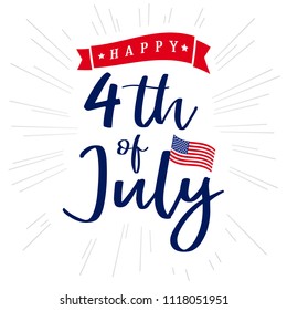 4th of July, Happy Independence Day of USA lettering and light beams design. Happy Independence Day United States of America vector calligraphic background. Fourth of July sale illustration
