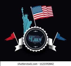 4th of July. Happy Independence Day of USA or America. Status of Liberty with American Flag.  Banner with fourth of July design. Greeting Card for the Celebration of American People.