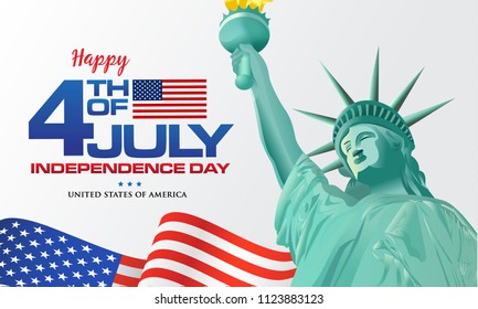 4th of july. Happy Independence day of America background with waving flag and statue of Liberty, symbol of America