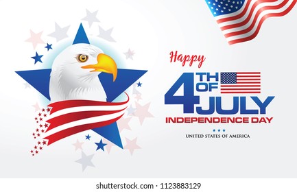 4th of july. Happy Independence day of America background with waving flag and Bald Eagle, symbol of America