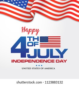 4th of july. Happy Independence day of America banner with waving flag on white background