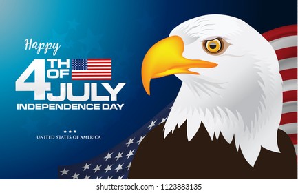 4th of july. Happy Independence day of America background with waving flag and Bald Eagle, symbol of America