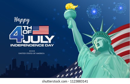 4th of july. Happy Independence day of America background with waving flag and statue of Liberty, symbol of America