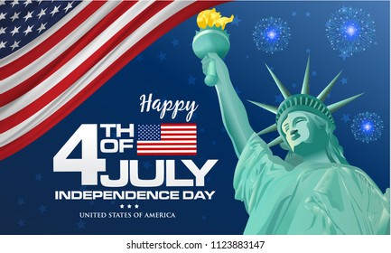 4th of july. Happy Independence day of America background with waving flag and statue of Liberty, symbol of America