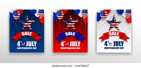 4th of July Happy Independence day USA sale promotion set. White, blue and red balloons and american flag star on red background. Vector illustration .