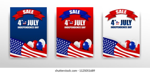 4th of July Happy Independence day USA sale promotion set. White, blue and red balloons and  american flag star on red background .Vector illustration .
