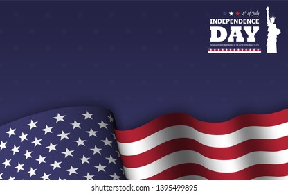 4th of July happy independence day of america background . Statue of liberty flat silhouette design with text and waving american flag at lower on blue star texture . Vector .