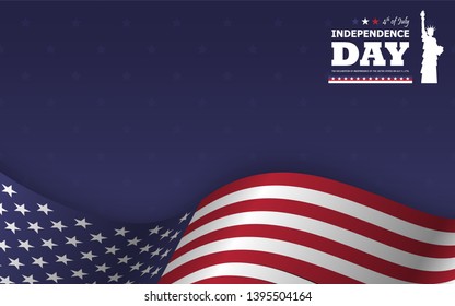 4th of July happy independence day of america background . Statue of liberty flat silhouette design with text and waving american flag at lower on blue star texture . Vector .