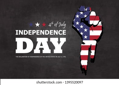 4th of July happy independence day of america background . Fist flat silhouette design with american flag and text on chalkboard texture . Vector .