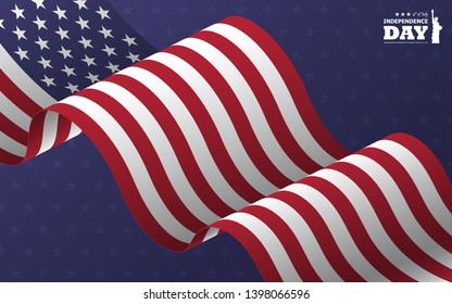 4th of July happy independence day of america background . Statue of liberty flat silhouette design with text and waving american flag oblique on blue star texture . Vector .