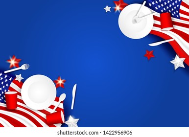 4th of July Happy Independence day USA. Design with spoon, dish, fork , Knife , Paper glass Tableware and american flag star on blue background .Vector.