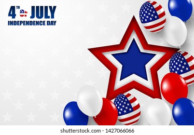 4th of July Happy Independence day USA. Design with white, blue and red balloons and american flag star on white background .Vector.