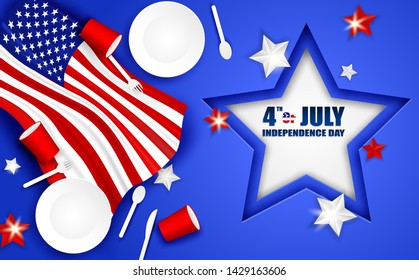 4th of July Happy Independence day USA. Design with spoon, dish, fork , Knife , Paper glass Tableware and american flag star on blue background .Vector.