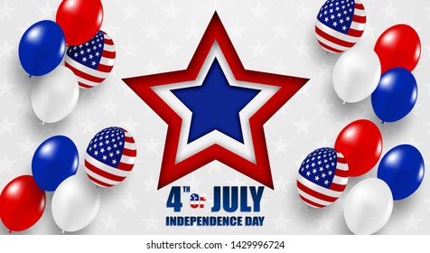 4th of July Happy Independence day USA. Design with white, blue and red balloons and american flag star on white background .Vector.