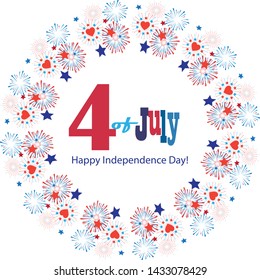 4th of July Happy Independence Day symbols icons set Patriotic American flag, stars fireworks confetti balloons ribbon banner stickers isolated on white red blue color flat design sign vector template