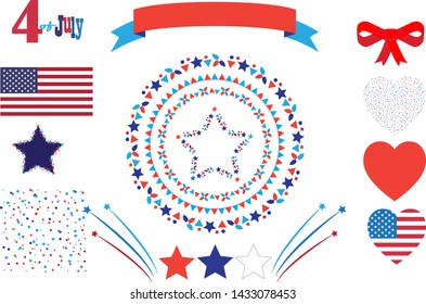 4th of July Happy Independence Day symbols icons set Patriotic American flag, stars fireworks confetti balloons ribbon banner stickers isolated on white red blue color flat design sign vector template
