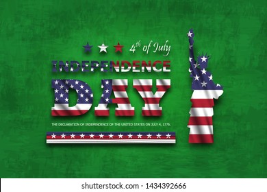 4th of July happy independence day of america . Statue of liberty with text and waving american flag . Chalkboard background . Vector .