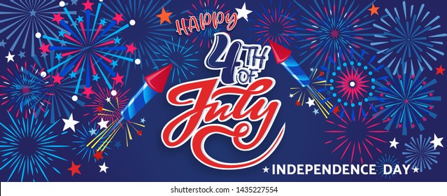 4th July Happy Independence Day holiday banner template with festive fireworks - Vector illustration