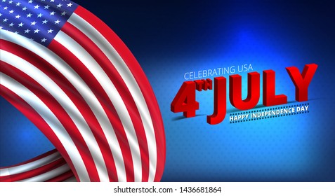 4th of July, Happy Independence Day Banner Vector illustration, USA flag waving on blue star pattern background.