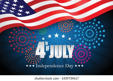 4th of July, Happy Independence Day Banner Vector illustration, USA flag waving on blue background.