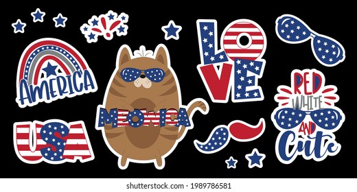 4th of july, Happy Independence Day, sticker set. 