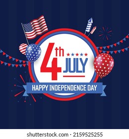 4th July Happy Independence Day design template with flag of USA and balloons, bunting and firworks