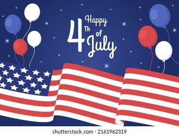 4th July Happy Independence Day USA Holiday Cartoon Illustration with Flag, Balloon or Festive Fireworks for Poster or Background Template