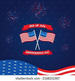  4th July Happy Independence day national holiday. Fireworks in USA flag colors. Vector illustration background. 4th July Happy Independence Day holiday with festive fireworks.