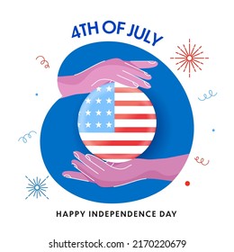 4th Of July, Happy Independence Day Concept With Hands Holding American Badge On Blue And White Background.