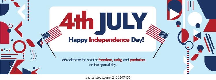 4th July Happy Independence day USA. USA Independence day 4th July cover banner with abstract retro elements and shapes in its flag colours. America flag icons. Independence day celebration banner.