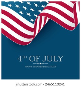 4th of July. Happy Independence Day greeting card with waving American flag. United States national holiday celebration. Blue background. Vector illustration.