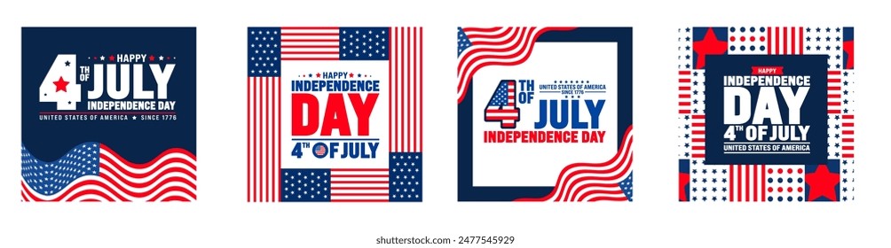 4th of July happy independence day social media post banner or background design template set with calligraphy text and USA flag. United States of America Independence Day banner Celebration.