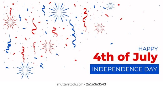 4th of July Happy Independence day Banner. Template with text and fireworks on white Background for Banner, Card, Background. Vector illustration.