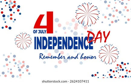 4th of July Happy Independence Day Banner. Fireworks, confetti, typography in american flag colors on white background. For banner, card. Vector illustration. Suitable for patriotic design.