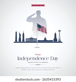 4th of July - Happy Independence Day USA Post and Greeting Card. United States Independence Day Celebration with Text and USA Flag Vector Illustration
