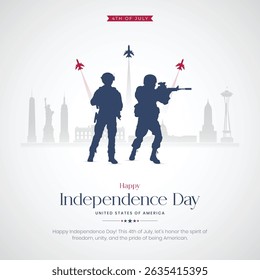 4th of July - Happy Independence Day USA Post and Greeting Card. United States Independence Day Celebration with Text and Soldier Vector Illustration