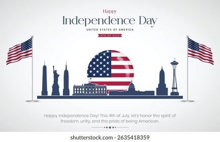 4th of July - Happy Independence Day USA Banner and Greeting Card. United States Independence Day Celebration with Text and USA Flag Vector Illustration