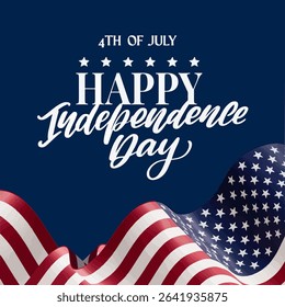 4th of July , Happy Independence Day Calligraphy hand- drawn with waving flag on dark blue background , Vector illustration.