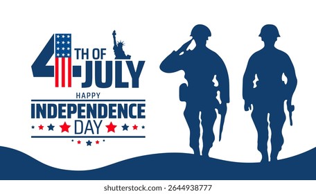 4th of July Happy Independence Day background or banner design. Saluting Soldiers and Statue of Liberty Integrated into Text Design on White and Blue.