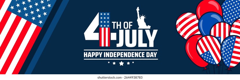 4th of July Happy Independence Day background or banner design. US Flag, Statue of Liberty, and Patriotic Balloons on Dark Blue Background.