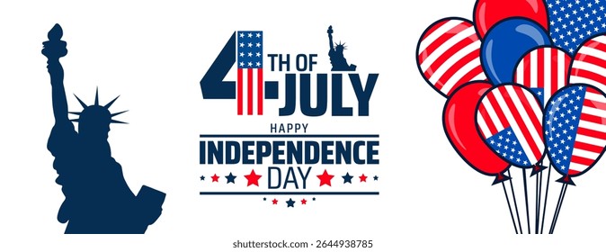 4th of July Happy Independence Day background or banner design. Statue of Liberty and Patriotic Red, White, Blue American Flag Balloons on White Background.