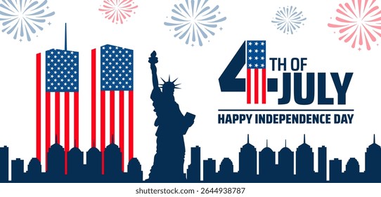 4th of July Happy Independence Day background or banner design. Twin Towers Flags, Statue of Liberty, City Skyline, and Fireworks on White Background.