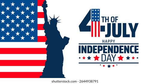 4th of July Happy Independence Day background or banner design. Statue of Liberty Silhouette Against American Flag Background, Patriotic Celebration.