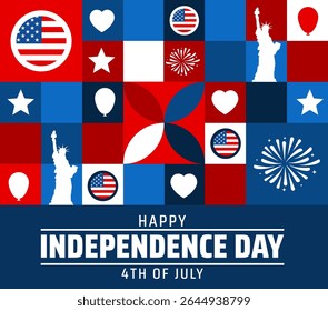 4th of July Happy Independence Day background or banner design. Patriotic Collage of US Flag, Hearts, Stars, Fireworks, and Statue of Liberty Icons in Red, White, Blue.