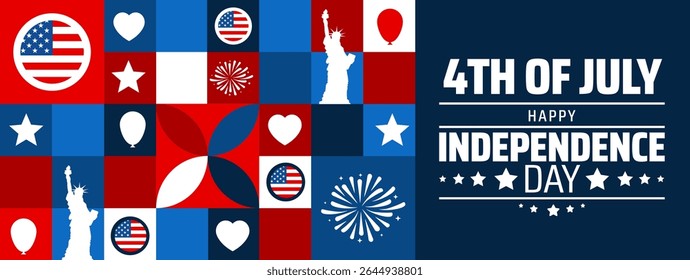 4th of July Happy Independence Day background or banner design. Patriotic Collage of US Flag, Hearts, Stars, Fireworks, and Statue of Liberty Icons in Red, White, Blue.